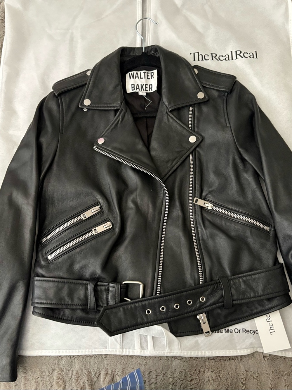 Walter Baker Black Leather Biker Jacket with Belt Lambskin